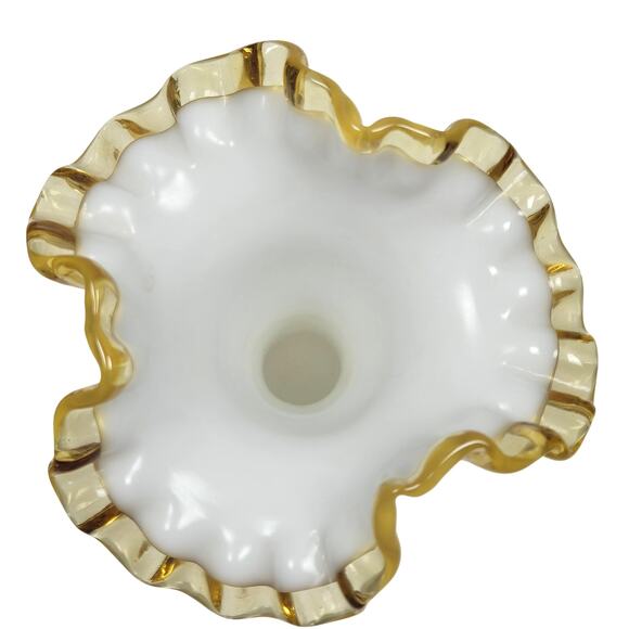 VTG 8" Double Crimped Ruffle Fenton Gold Crest Milk Glass Vase Transparent Gold - Picture 3 of 8